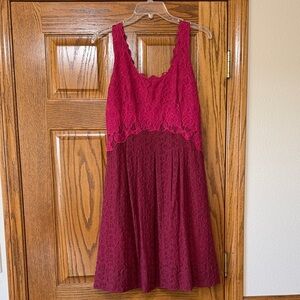 Lace Overlay Scoop Neck Dress in Wine Red